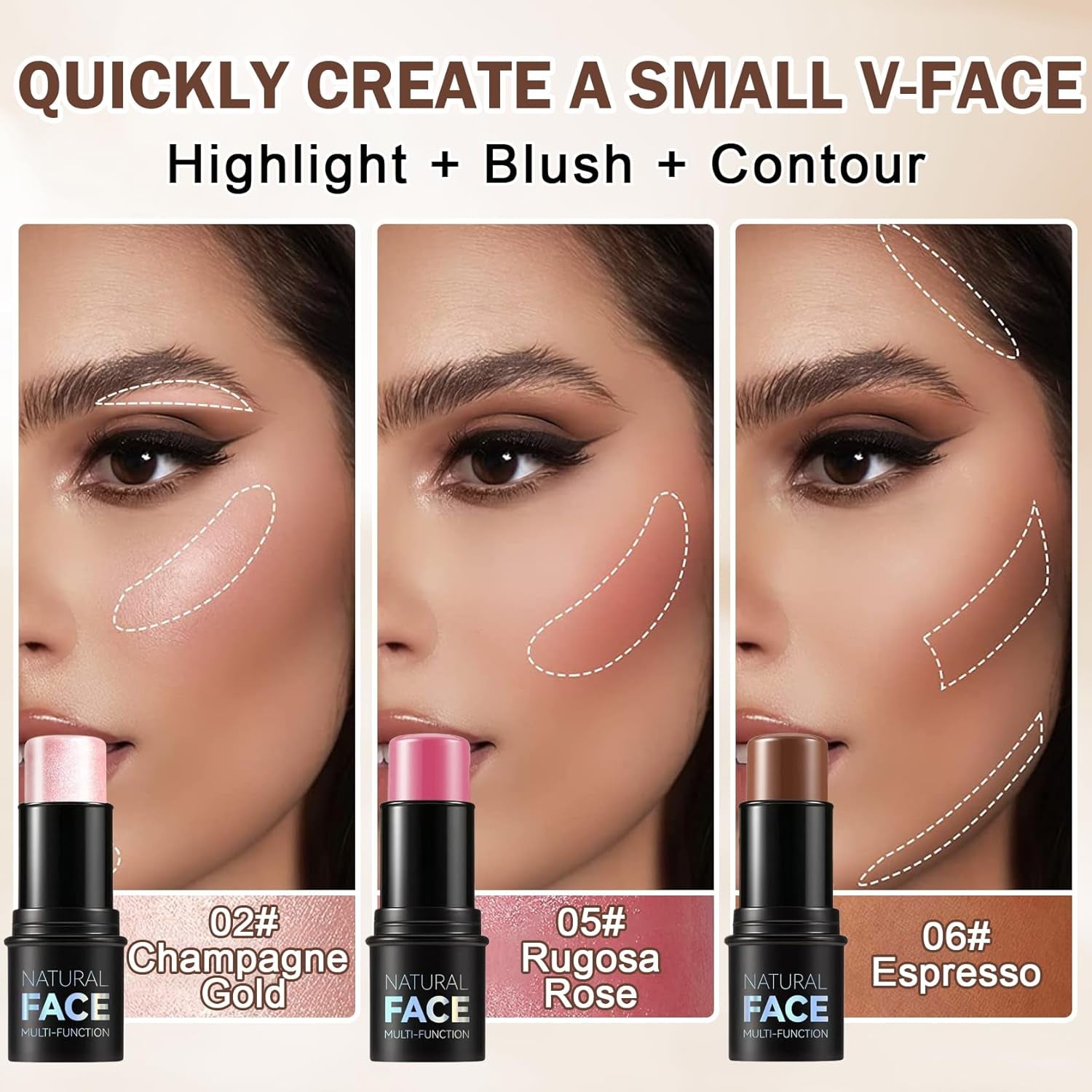 3PCS Cream Contour Stick Makeup Kit Face Contour Highlighter Stick,Smooth Cream Bronzer Contour Blush Stick Long Lasting Highlighter Makeup Stick for Cheeks,Eyes,Lips (02,05,06)