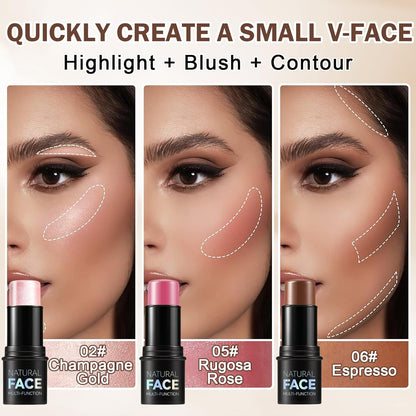 3PCS Cream Contour Stick Makeup Kit Face Contour Highlighter Stick,Smooth Cream Bronzer Contour Blush Stick Long Lasting Highlighter Makeup Stick for Cheeks,Eyes,Lips (02,05,06)